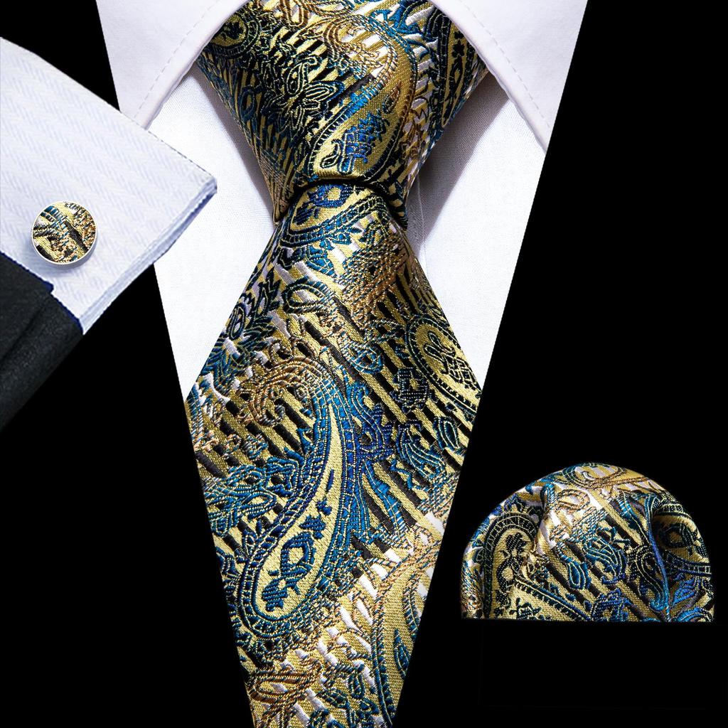 Barry.Wang Necktie Hankerchief Cufflinks Set Earth Yellow Paisley Jacquard Woven Wedding