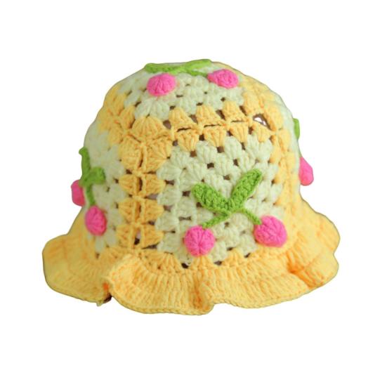 Мультяшная шерстяная шапка с аппликацией из вишни, вязаная шапка, детский головной убор цвета конфет, детская шляпа-ведро, детская вязаная шапка для фотосъемки, дни рождения, вечеринки на открытом воздухе, кепка