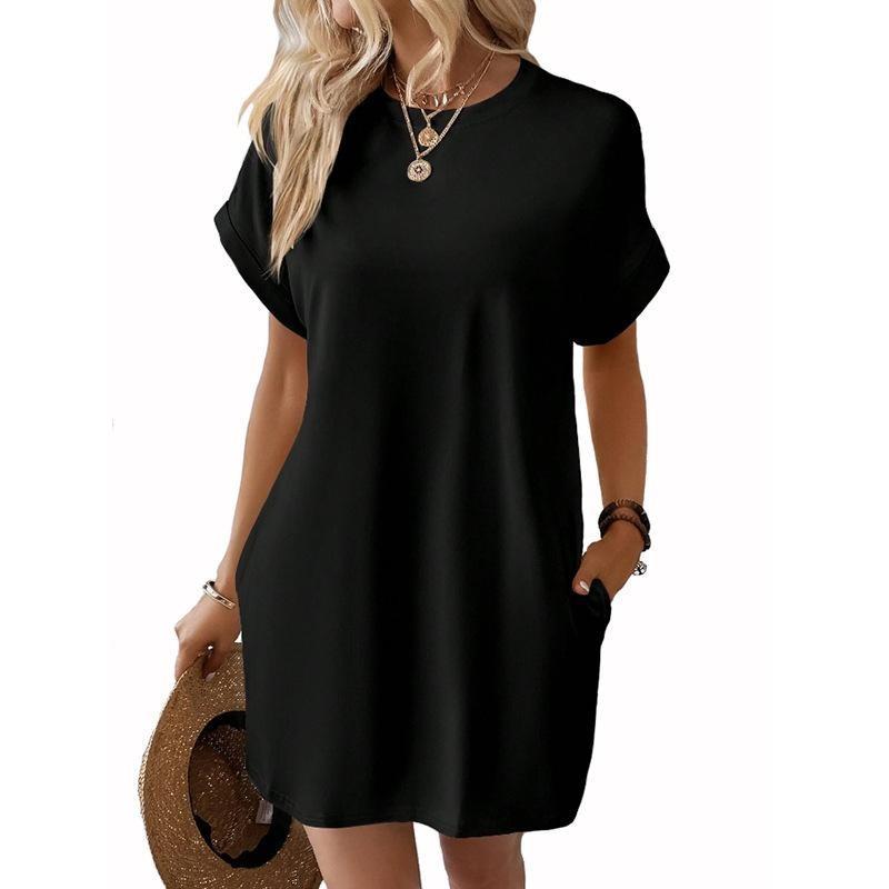 Женское весенне-летнее новое однотонное повседневное дышащее свободное платье с круглым вырезом и карманами с короткими рукавами
