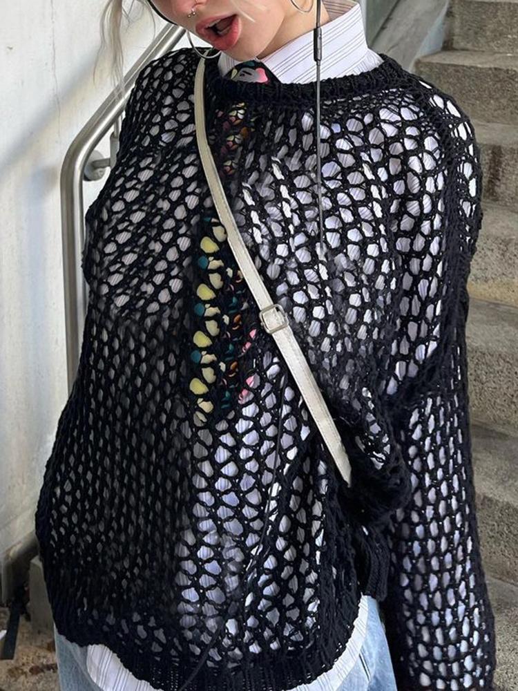 Уличная одежда, пуловер, женский винтажный повседневный вязаный свитер, футболка с длинным рукавом Y2K, ажурный халат, топы, свободные пуловеры, модная футболка