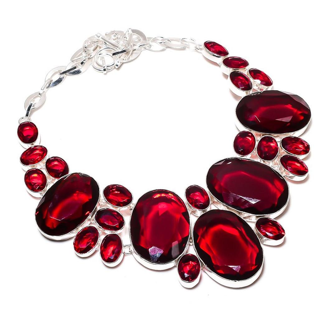 Lab Created Mozambique Garnet Necklace 18" Adjustable Chain Silver Tone Jewelry