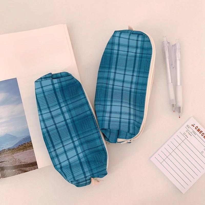 1pcs Student Zipper Pencil Bags Large Capacity Canvas Simplicity Checkered School Stationery Boxes Pencil Case Stationery Bag