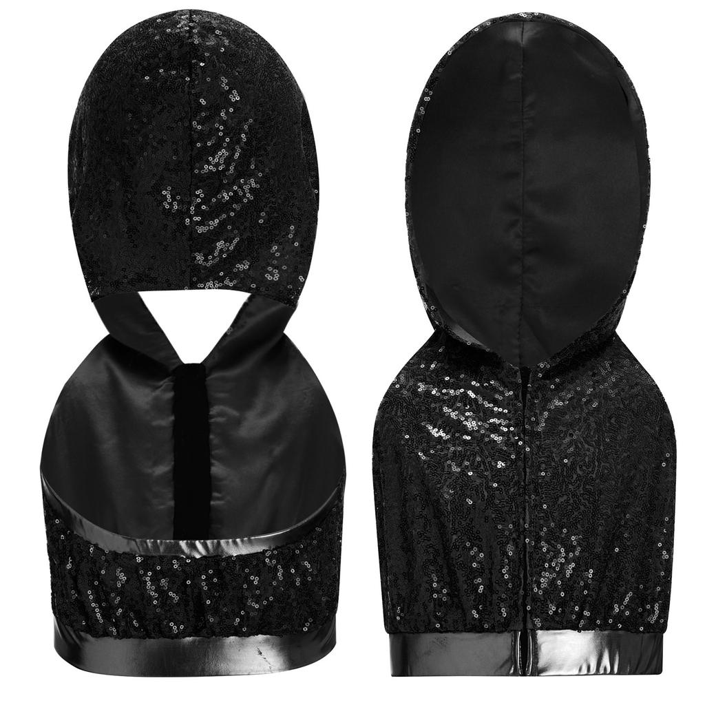 Sleeveless Backless Hooded Crop Top for Girls: Front Zipper Sparkling Sequins Dancewear for Hip-Hop Jazz Performance