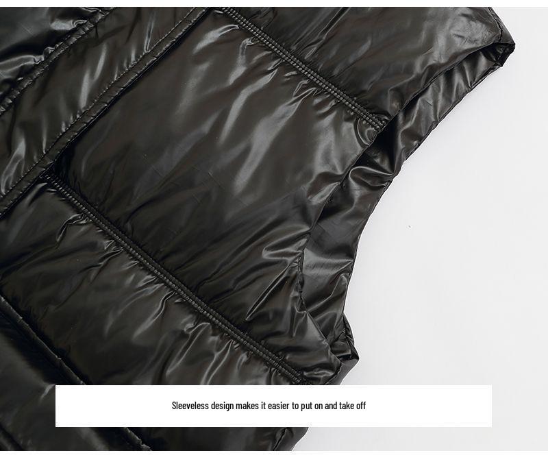 Глянцевый пуховый жилет без стирки для женщин - Осень/Зима, воротник-стойка, без рукавов, модная верхняя одежда