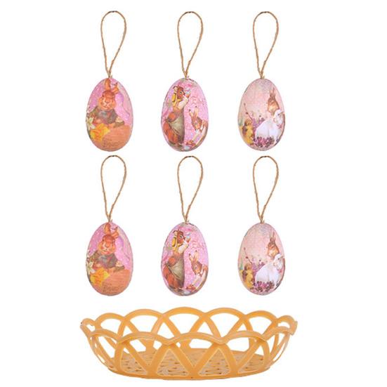 7Pcs/Set Colorful Bunny Painted Plastic Easter Eggs with Basket Hanging Pendant DIY Easter Egg Crafts Home Easter Party Supplies
