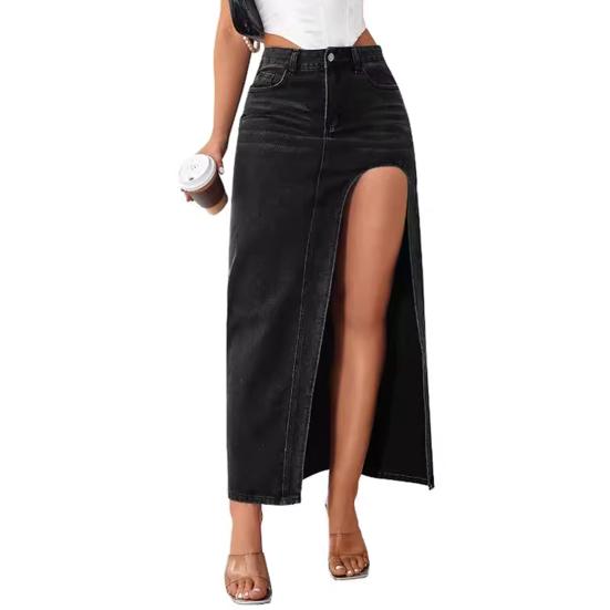 Женская макси-юбка с высокой талией и боковым разрезом, джинсовая юбка, сплошная цветная длинная юбка, на пуговицах, на молнии, юбка с карманами