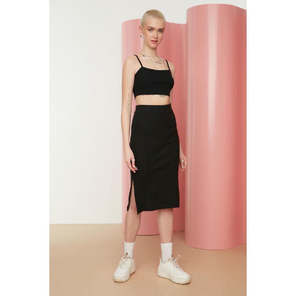 Black Slit Detailed Fitted High Waist Ribbed Stretch Midi Knitted Skirt Twoss22et0250