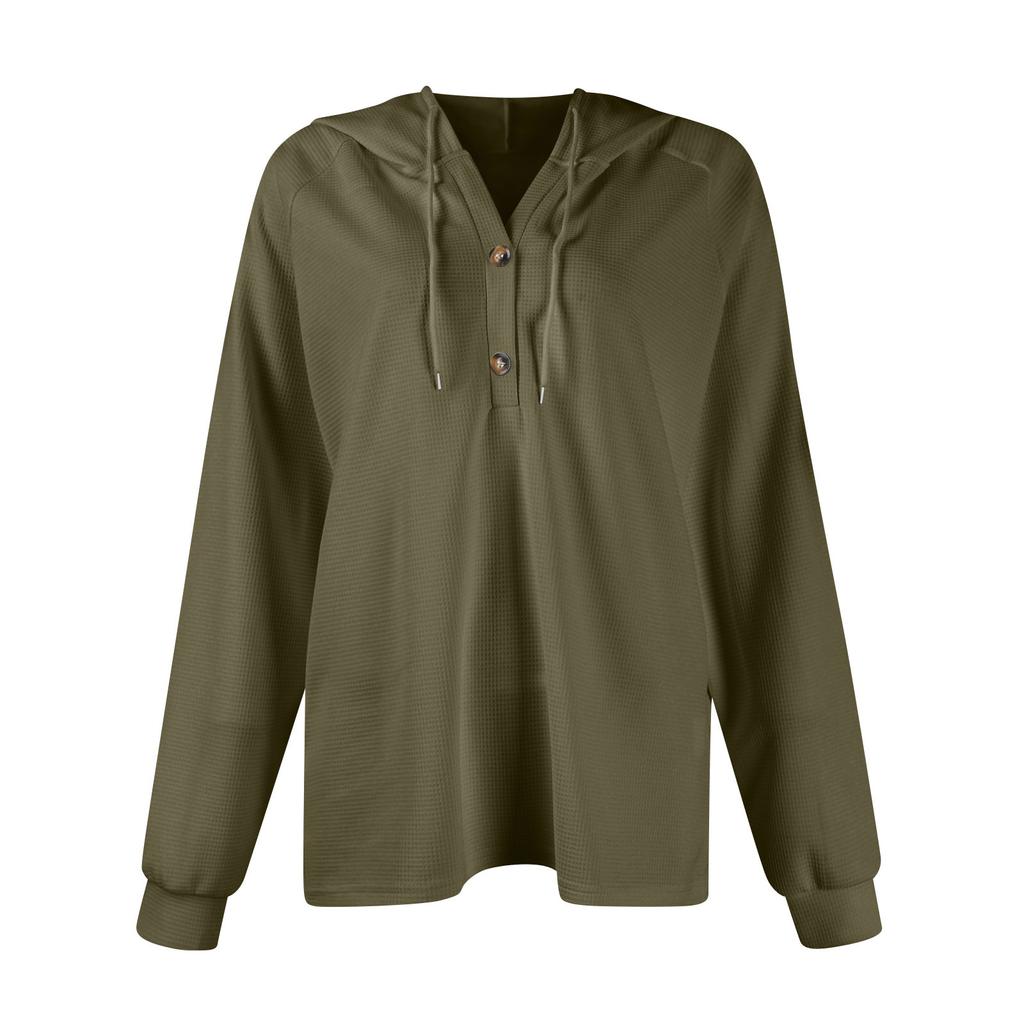 Женская мода с длинным рукавом, завязками на шнурке, капюшоном, пуговицами, V-образным вырезом, повседневная толстовка с капюшоном