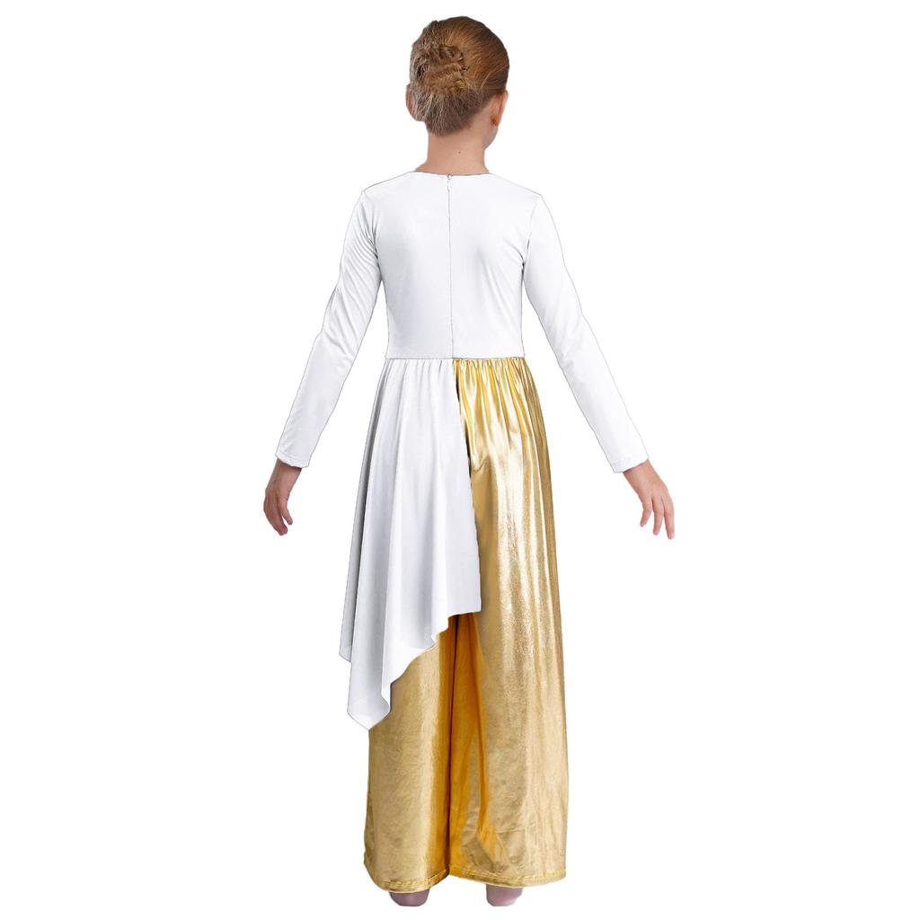 Girls Praise Dance Bodysuit Metallic Color Block Design Patchwork Irregular Drape Wide Leg Jumpsuit