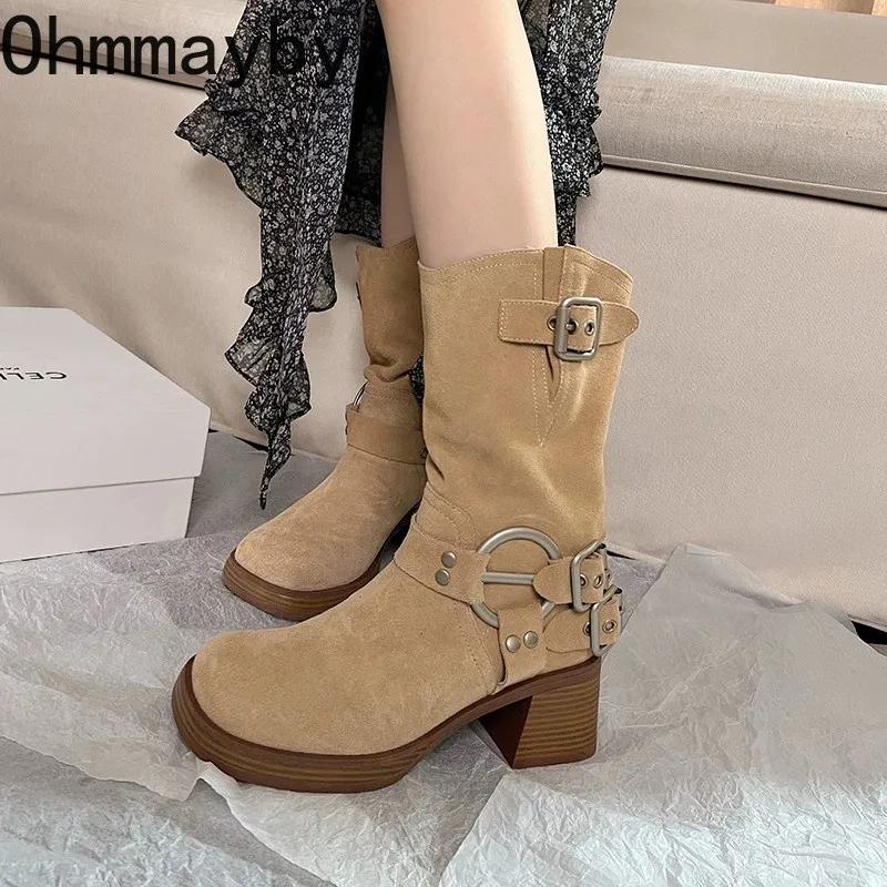 Fashion Square High Heel Women Western Cowgirl Boots Fashion Belt Buckle Slip On Shoes Retro Style Autumn Winter Ladies Mid Calf Booties
