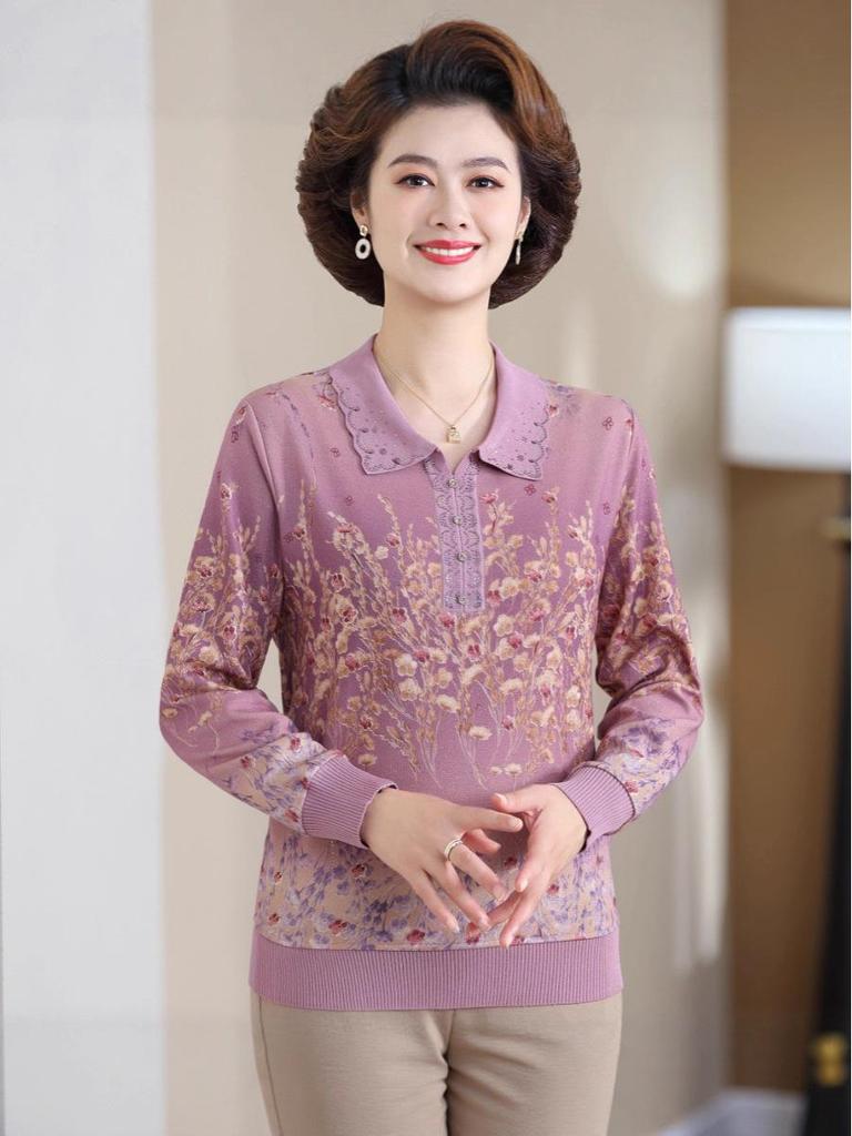 Женская осенняя вязаная футболка с принтом и лацканами - с длинным рукавом, свободная, модная, универсальная для женщин среднего и пожилого возраста