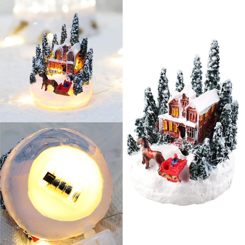Christmas Village Figurines LED Light Christmas Town Scene Desktop Ornaments Battery Operated Landscape Decorations