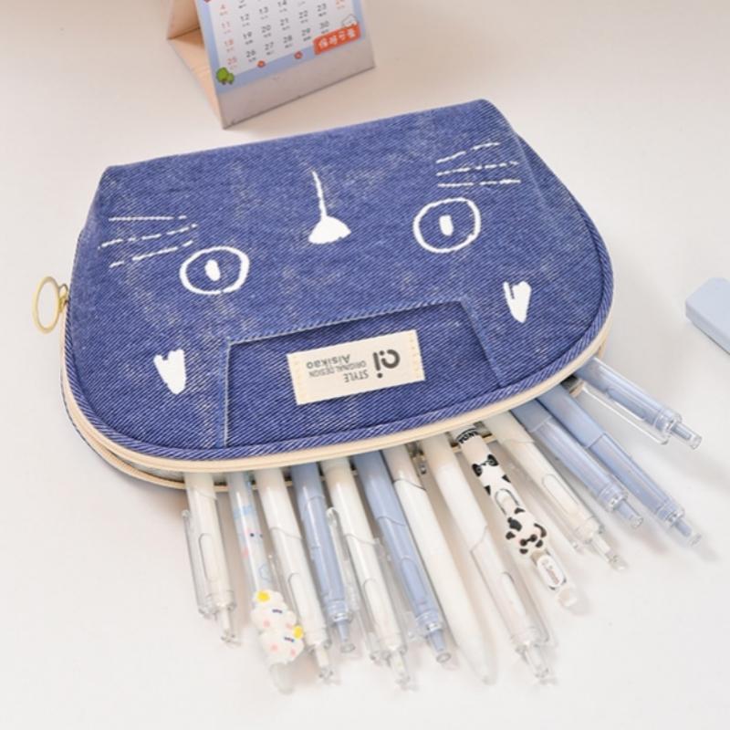 Милая сумка-пенал с изображением мультяшного кота Джинсовая сумка для канцелярских принадлежностей Студенческая сумка для хранения школьных принадлежностей Многофункциональный пенал