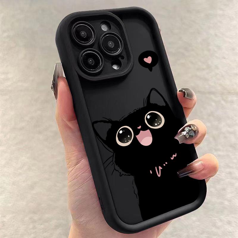 Милый черный кот силиконовый чехол для iPhone 16 15 13 12 11 14 Pro Max Mini 14 16 Plus SE2 8 7 Plus X XS XR Ударопрочные задние крышки