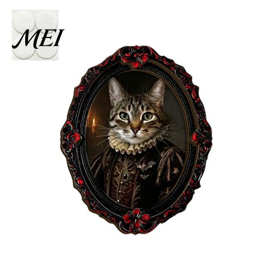 Halloween Themed Decor Pet Photo Frame Decoration, with Adhesive Dot, Witch Hat Cat Dog Home Office Wall Wooden Decor, Retro Animal Ornament for