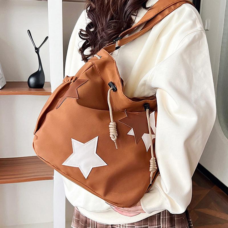 Women Star Nylon Shoulder Bag Drawstring Crossbody Bag Large Capacity Casual Satchel Student Travel Bag