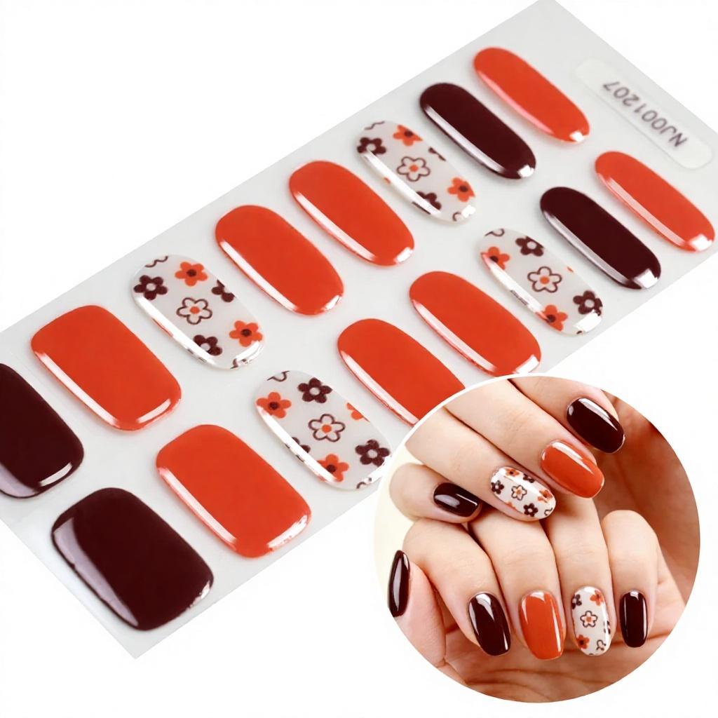 16 Tips Mini Flower Semi-Cured UV Gel French Style Dark Red Self Adhesive Nail Stickers Wraps