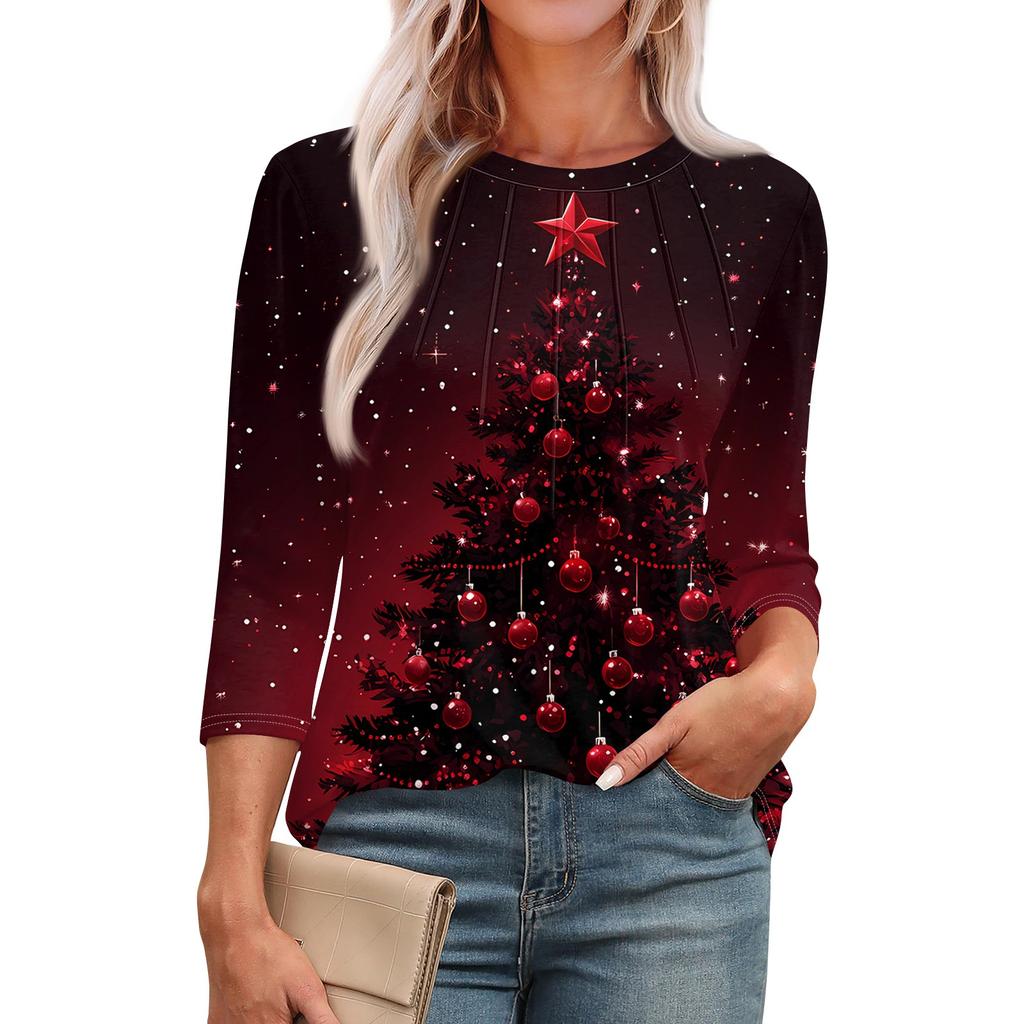 Женская модная футболка с круглым вырезом и рукавом 3/4 с рождественскими принтами, повседневная базовая плиссированная футболка-пуловер