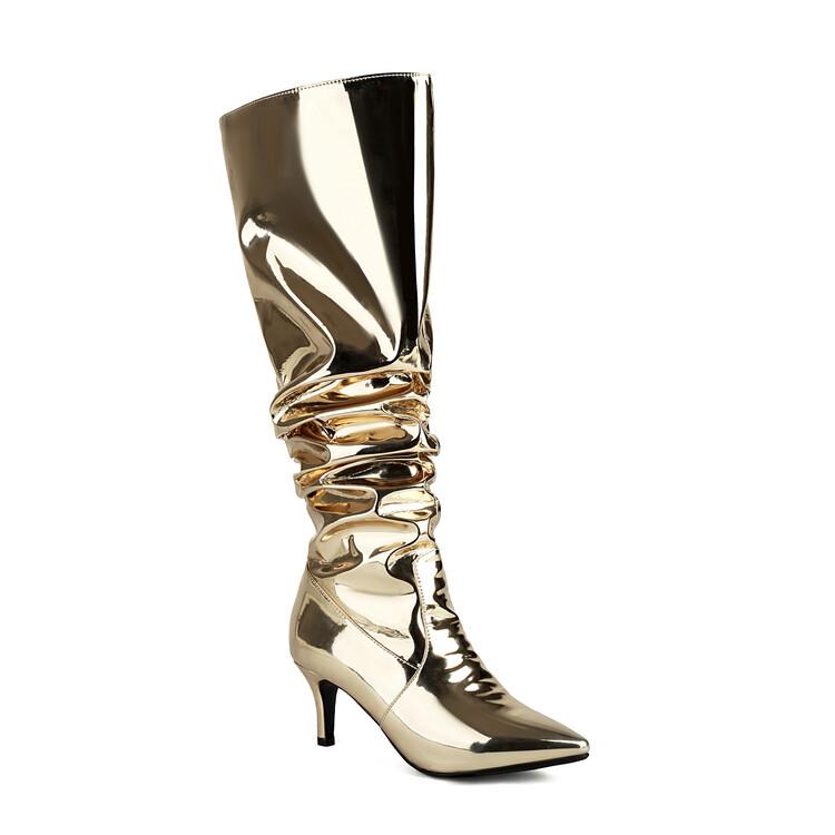 Модные европейско-американские лакированные плиссированные золотистые серебристые длинные сапоги женские 6,5 см высокий каблук короткий плюш до колена размер 32-48