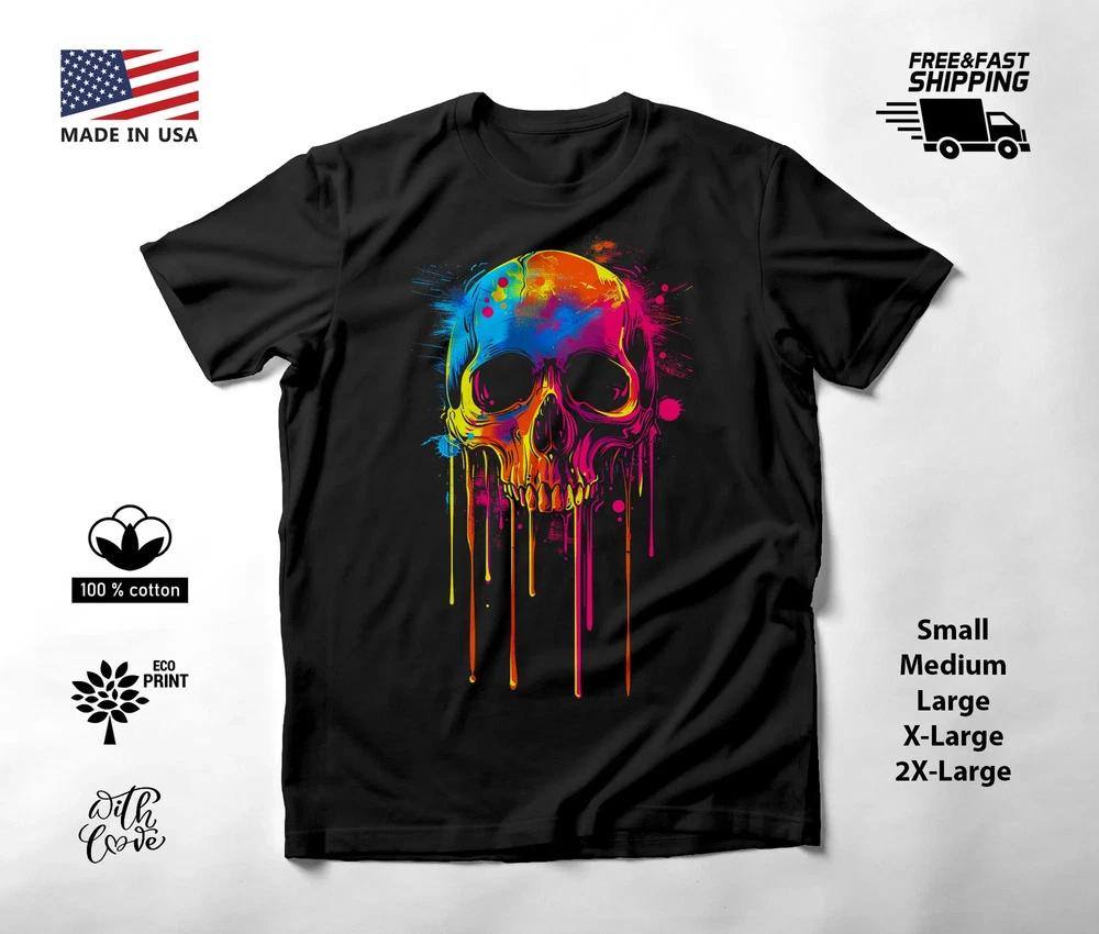 Colorful Skull Neon Graphic T-Shirt Black Unisex S-2XL
