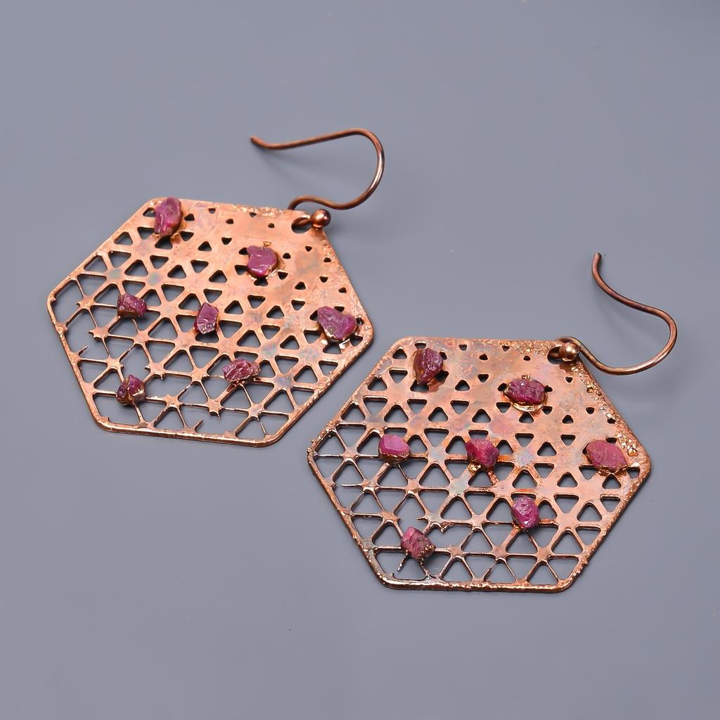 Серьги-подвески из меди с розовым рубином, гальванопластика, подарок для друга, ювелирные изделия V-45