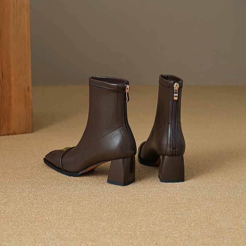 Krazing Pot Зимние короткие ботинки из микрофибры с квадратным носком и толстым каблуком, современные женские эластичные ботильоны с металлической застежкой, размер 42