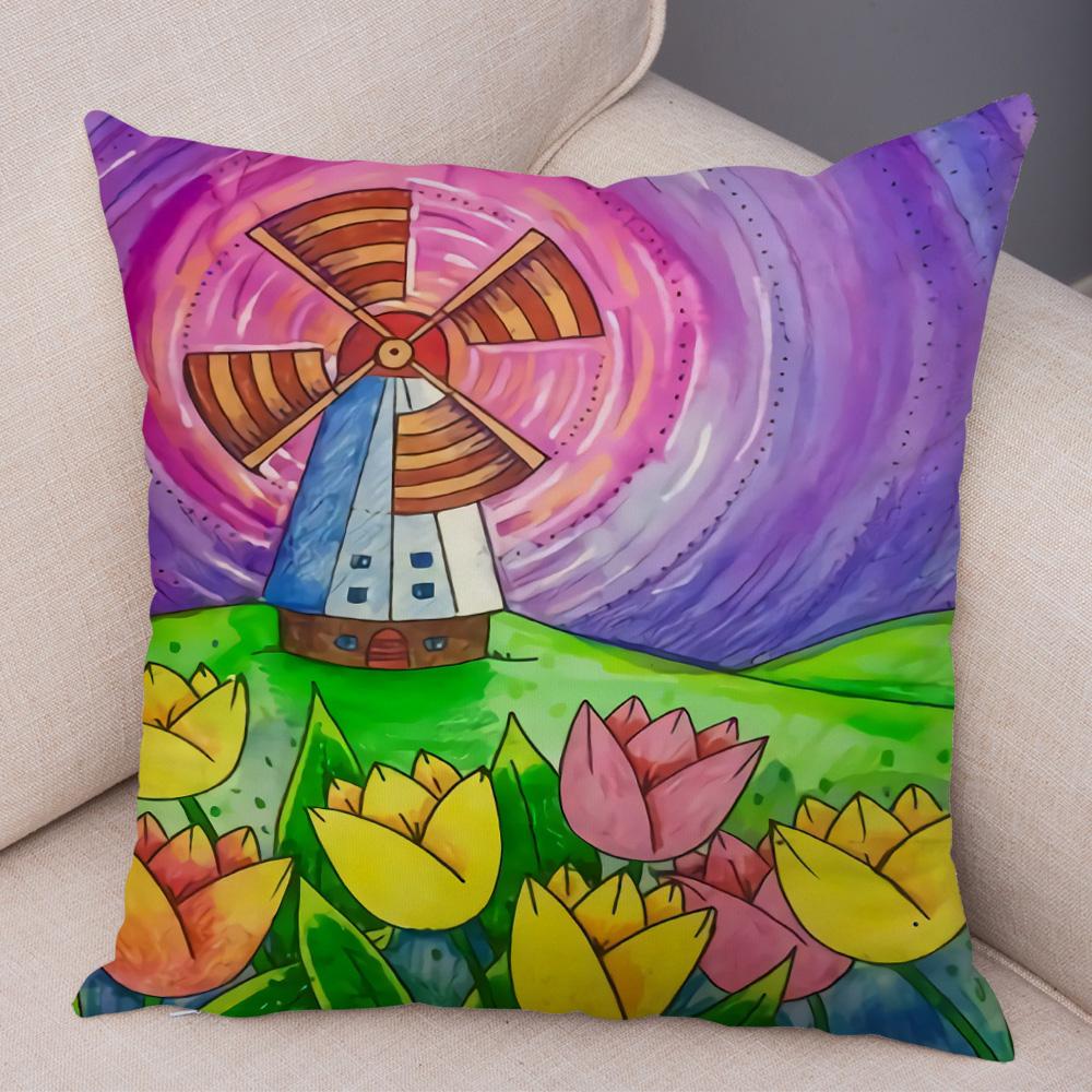 Детская живопись маслом Искусство Наволочка для подушки Обе стороны Плюшевая наволочка Декор Мультяшное растение Наволочка для дивана Дома Машины