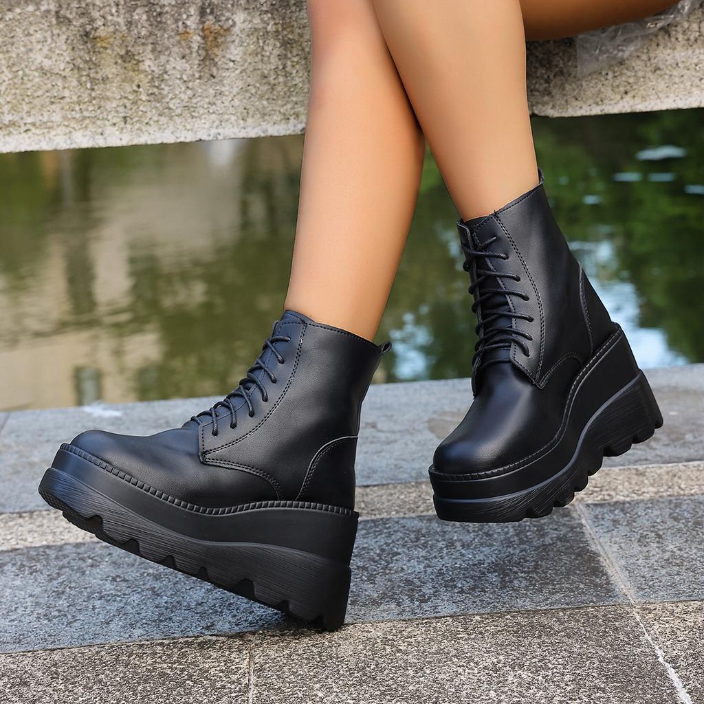 Модные новые женские ботильоны из искусственной кожи, женские осенне-зимние туфли на шнуровке с круглым носком, женские мотоциклетные ботинки на платформе в готическом стиле для косплея 98