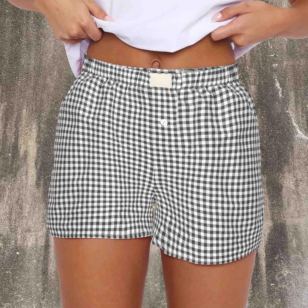 Shorts for Women Teen-girls Elastic Waistband Pull-on Red Blue Plaid Shorts Outfit Casual Lounge Summer Shorts