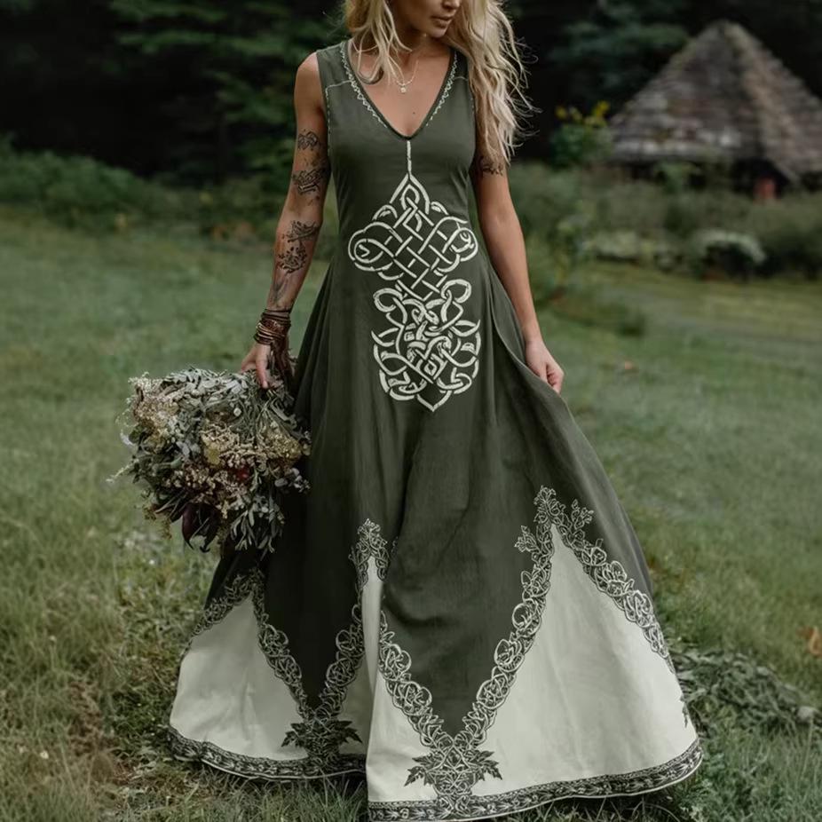 Летнее платье с V-образным вырезом без рукавов в стиле кельтского ренессанса 2026 - Женское трансграничный стиль