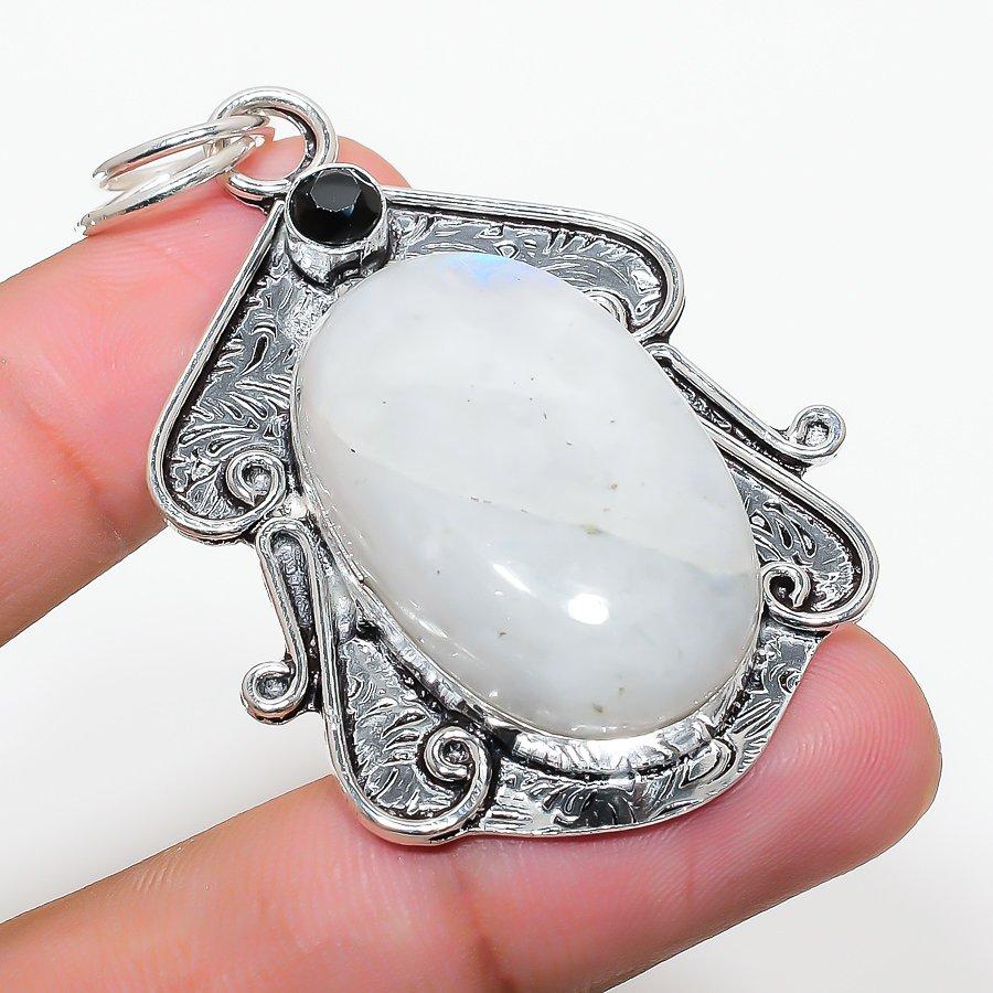 Rainbow Moonstone, Spinel 925 Sterling Silver Jewelry Pendant 2.36" Y2h36