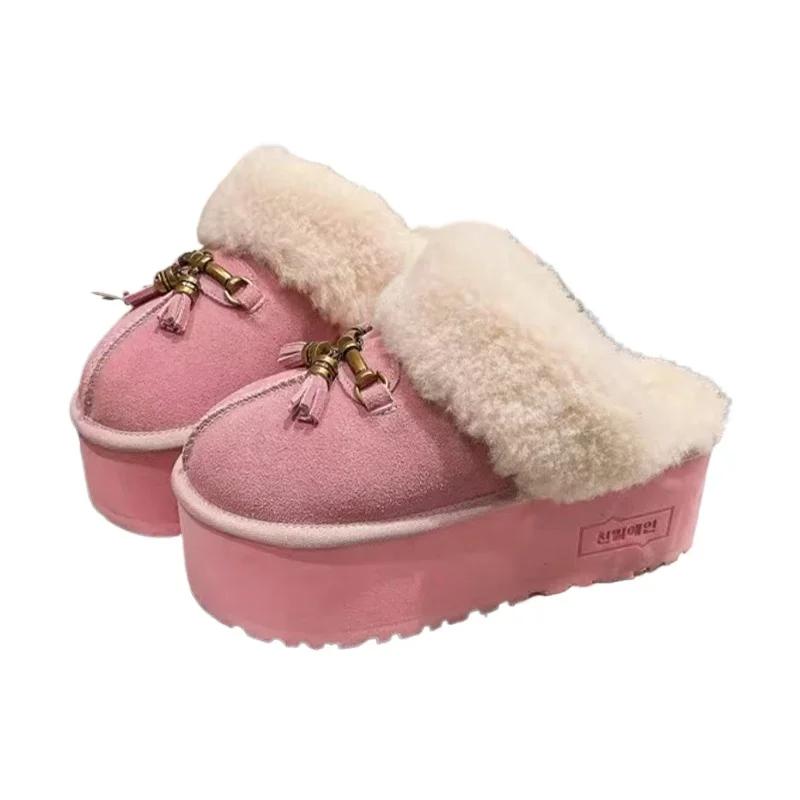 Женские меховые хлопковые тапочки с бахромой, замшевые домашние туфли на платформе, зимние ботинки 2025 года, новые модные теплые туфли на плоской подошве, плюшевые шлепанцы, мюли