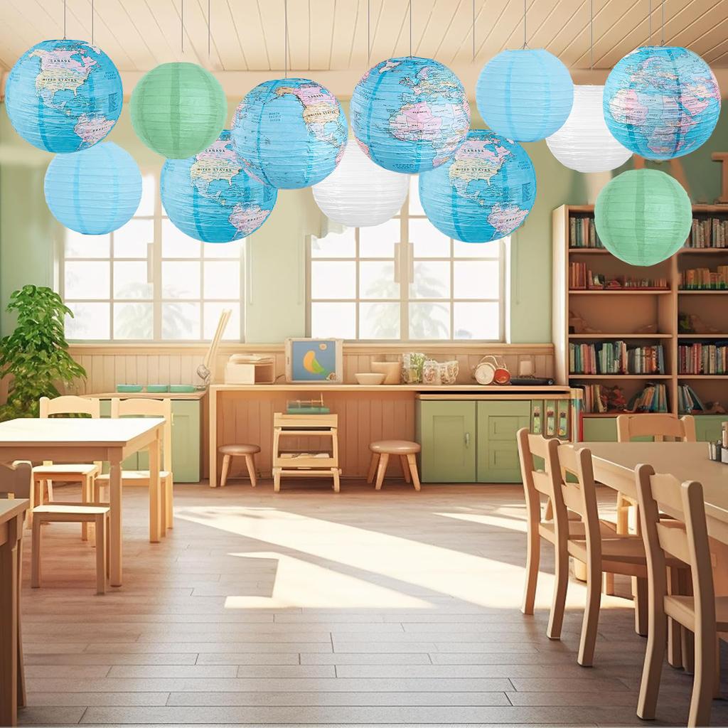 Paper Lanterns Set Hanging Paper Lanterns Ceiling Party Decorations World Map Combination Macaron Lanterns for School Classroom
