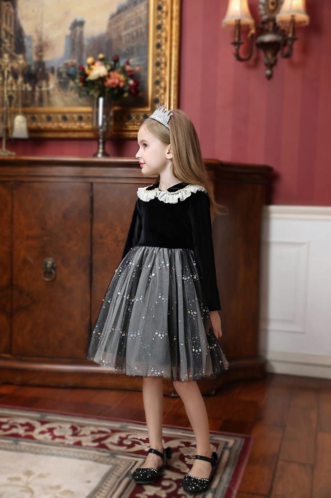 Weileenice Концертное фортепиано Размер Длинный рукав Черное Принцесса Траур Идеально для поминок и других Платье, 140, Серый, Осень/Зима, Наряд для девочек, Платье,