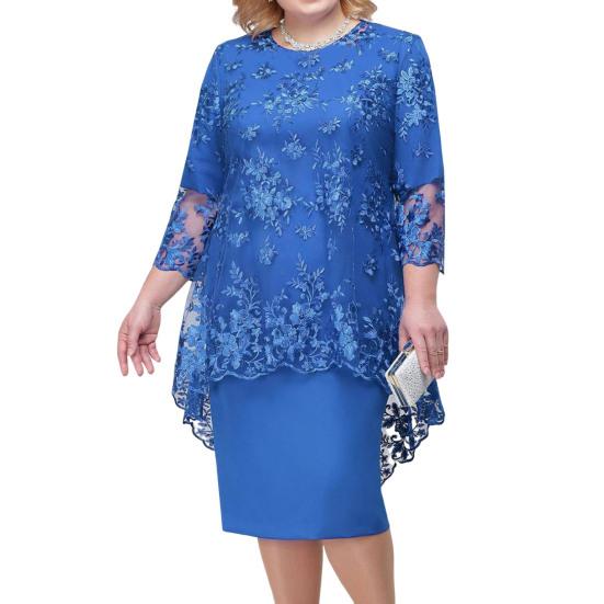1 Set Elegent Beauty Lady Dress Plus Size Midi Cover Up Dress Embroidery Lace Flower O-neck High-Waist 44624 Sleeve Lady