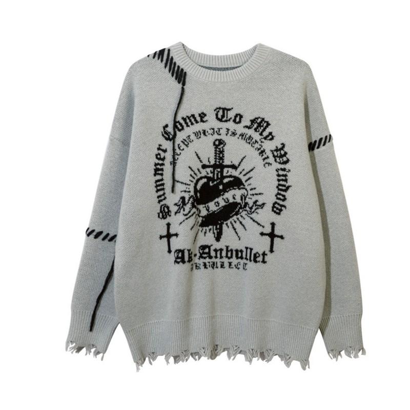 Dark Academia Knit Sweater With Cross Motif Distressed Fringe Loose Fit Warm Fleece-Like Acrylic Pullover Teens