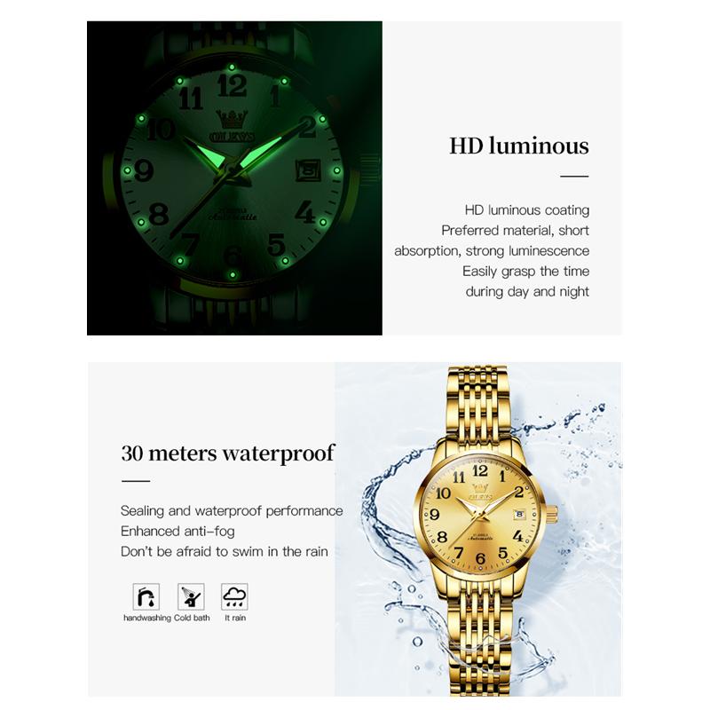 OLEVS 6666 с подарочной коробкой, механические настольные водонепроницаемые женские часы с одним календарем, женские часы