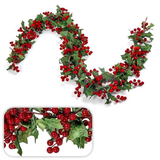 Рождественская искусственная гирлянда из ротанга с зелеными листьями и красными ягодами в помещении и на открытом воздухе, настенная подвеска, рождественские искусственные растения, украшение для праздничной вечеринки, реквизит для фотографий