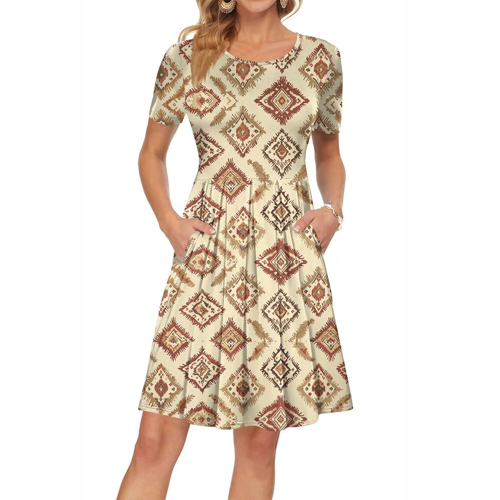 Женское платье с коротким рукавом, плиссированное, свободное, повседневное платье с карманами, платья длиной до колена