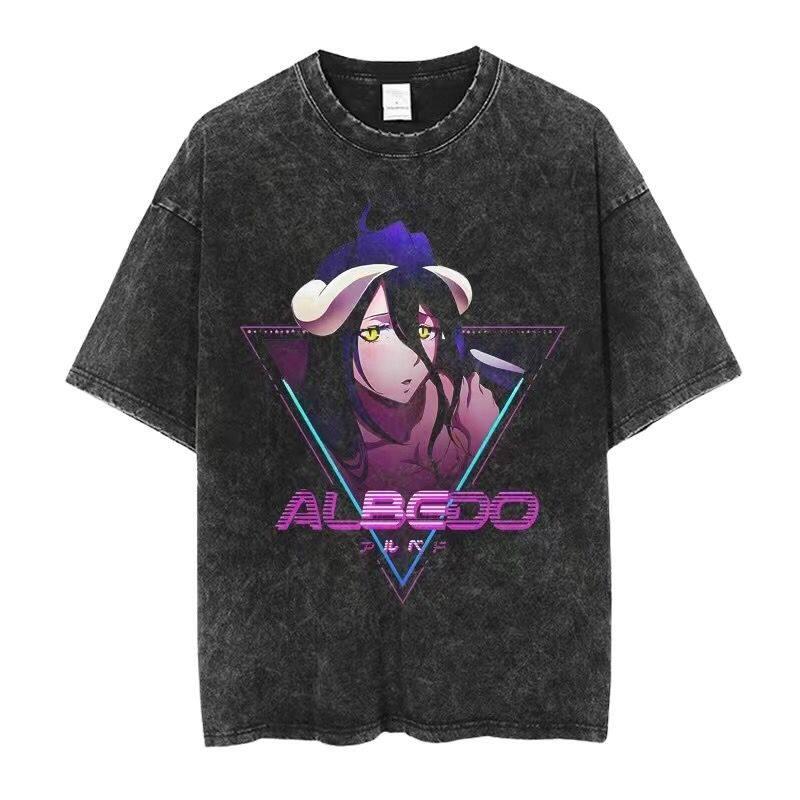 Y2k Harajuku Overlord Anime Washed T-Shirt - Men's and Women's Skull Printed Streetwear Short Sleeve