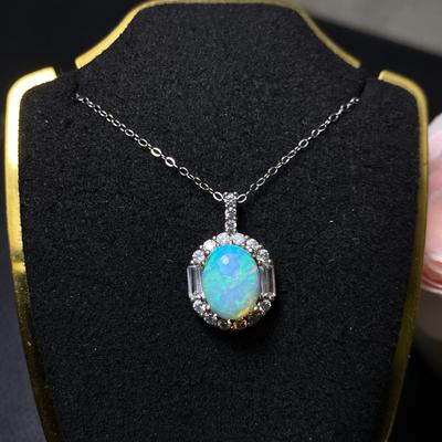 High Quality Gemstone Jewelry Natural Opal 925 Sterling Silver Oval Cut Halo Opal Women's Pendant Necklace