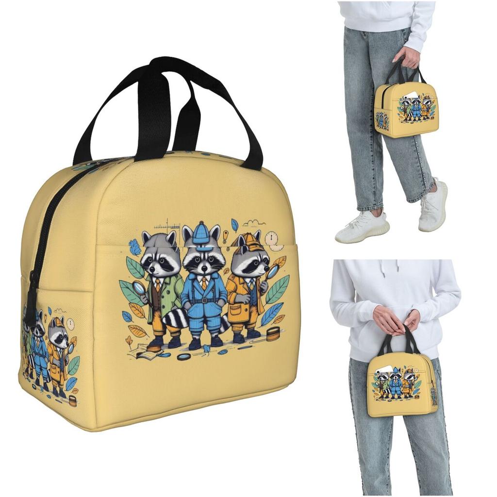 Raccoon Detectives Insulated Lunch Bag for Women Children Portable Food Boxes Thermal Lunch Box Tote