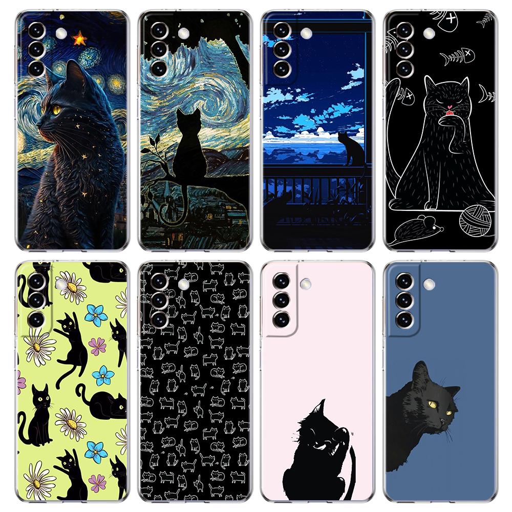 Милый чехол для телефона с рисунком черного кота для Samsung Galaxy S24 Plus S23 S22 S21 S20 FE Ultra 5G S10 S10E S9, мягкий прозрачный силиконовый чехол