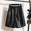 Плюс размер 2024 женские осенние короткие брюки из искусственной кожи теплые винтажные базовые женские однотонные модные брюки с широкими штанинами свободного покроя A