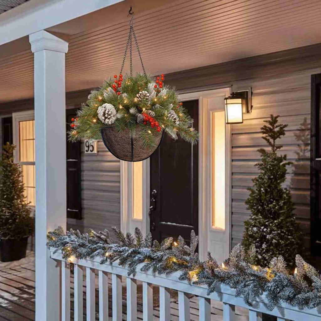Christmas Wreath Mixed Decorations And White Led Lights Frosted Berries