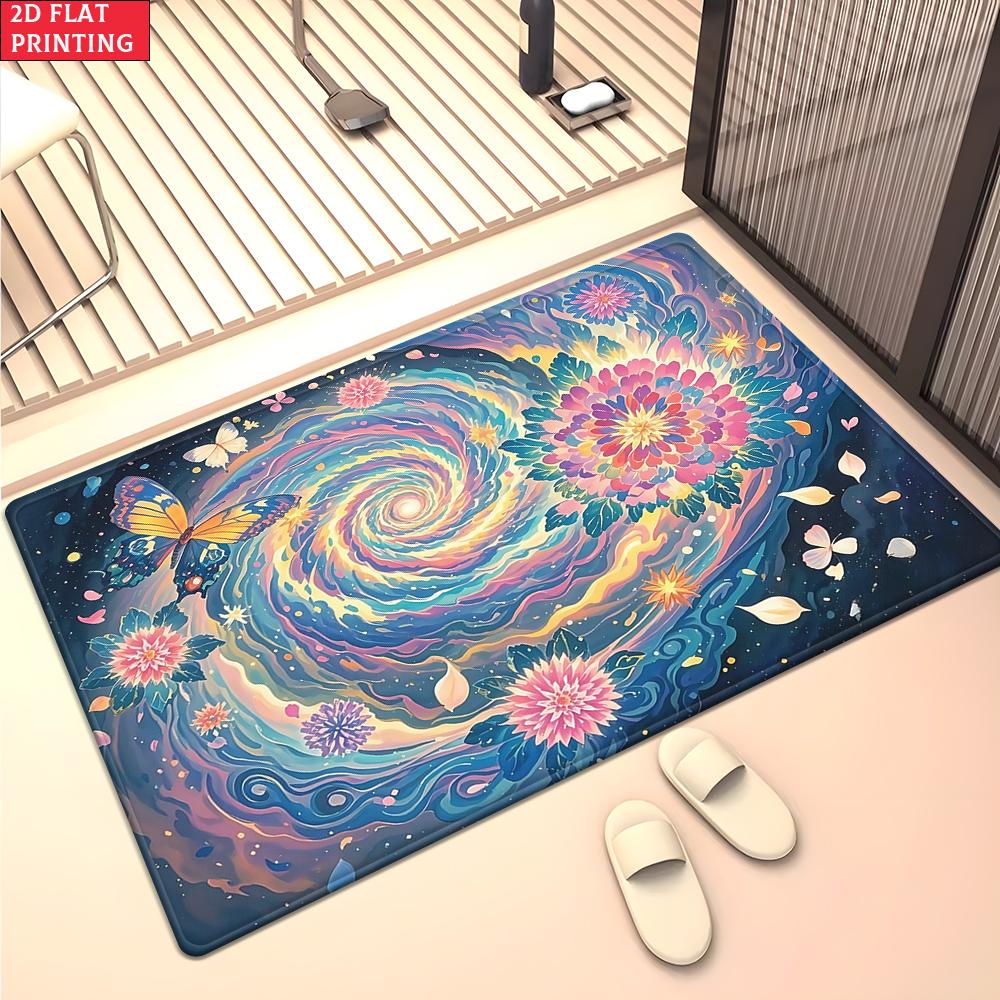Aesthetic Butterfly Galaxy Floral Area Rug,Colorful Swirl Flower Carpet for Living Room, Boho Floor Mat for Bedroom Decor