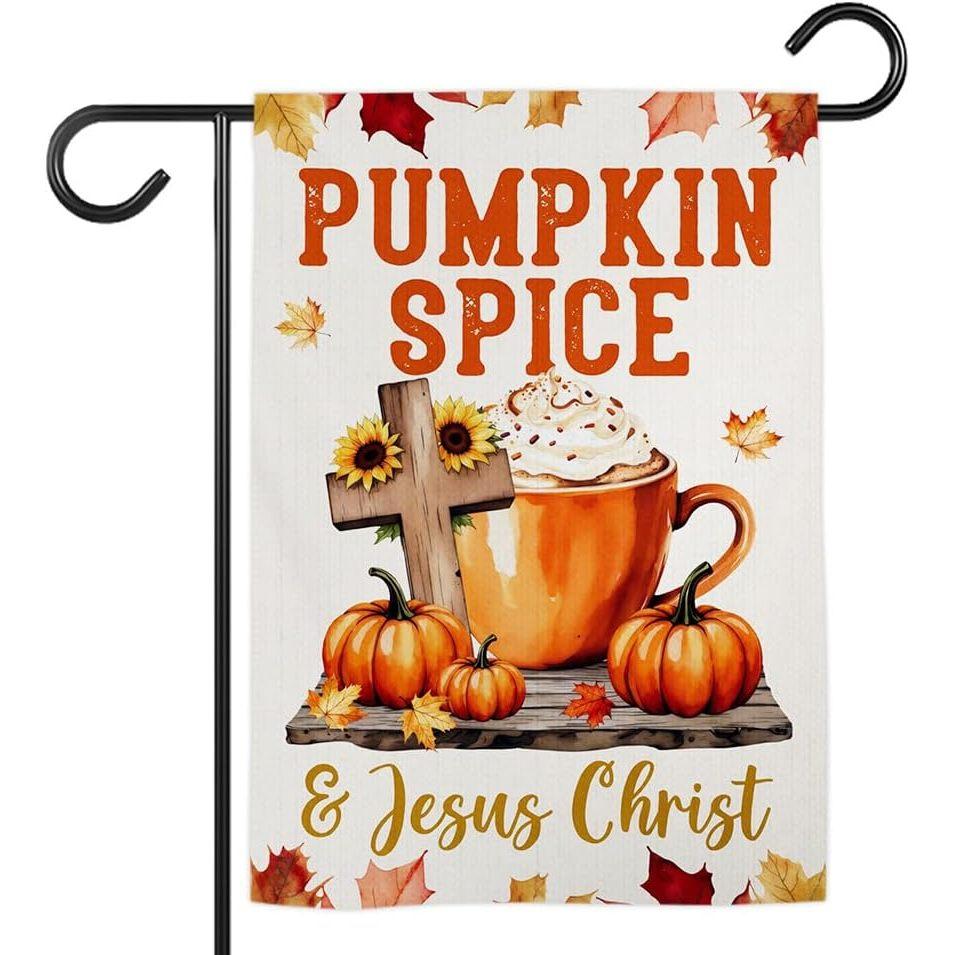 (30.48cm x 45.72cm) Pumpkin Spice & Jesus Christ Garden Flag Double Sided, Harvesting Season Thanksgiving Fall Autumn Yard Flag House Outdoor Decorati