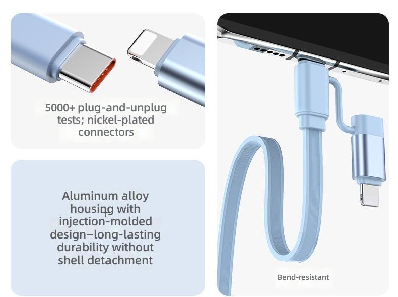 Retractable Four-in-One Data Cable 100W PD Fast Charge for USB-A/Micro Connectors for Mobile Phone Data Transfer