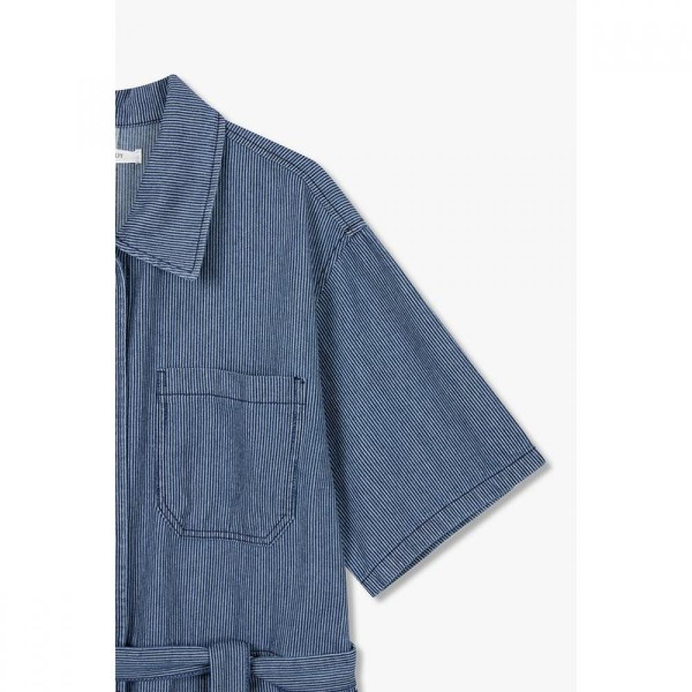Studio Tomboy Pinstripe Denim Belted Short Sleeve Dress 9176341987