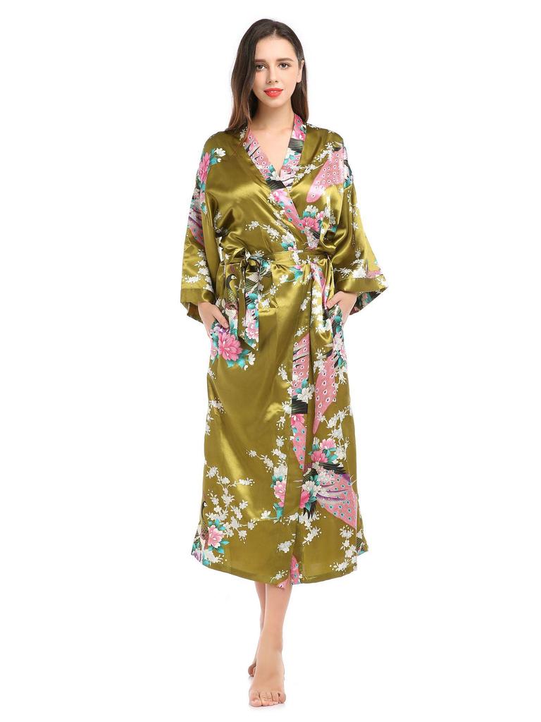 Длинный летний кардиган-пижама с принтом павлина и карманами